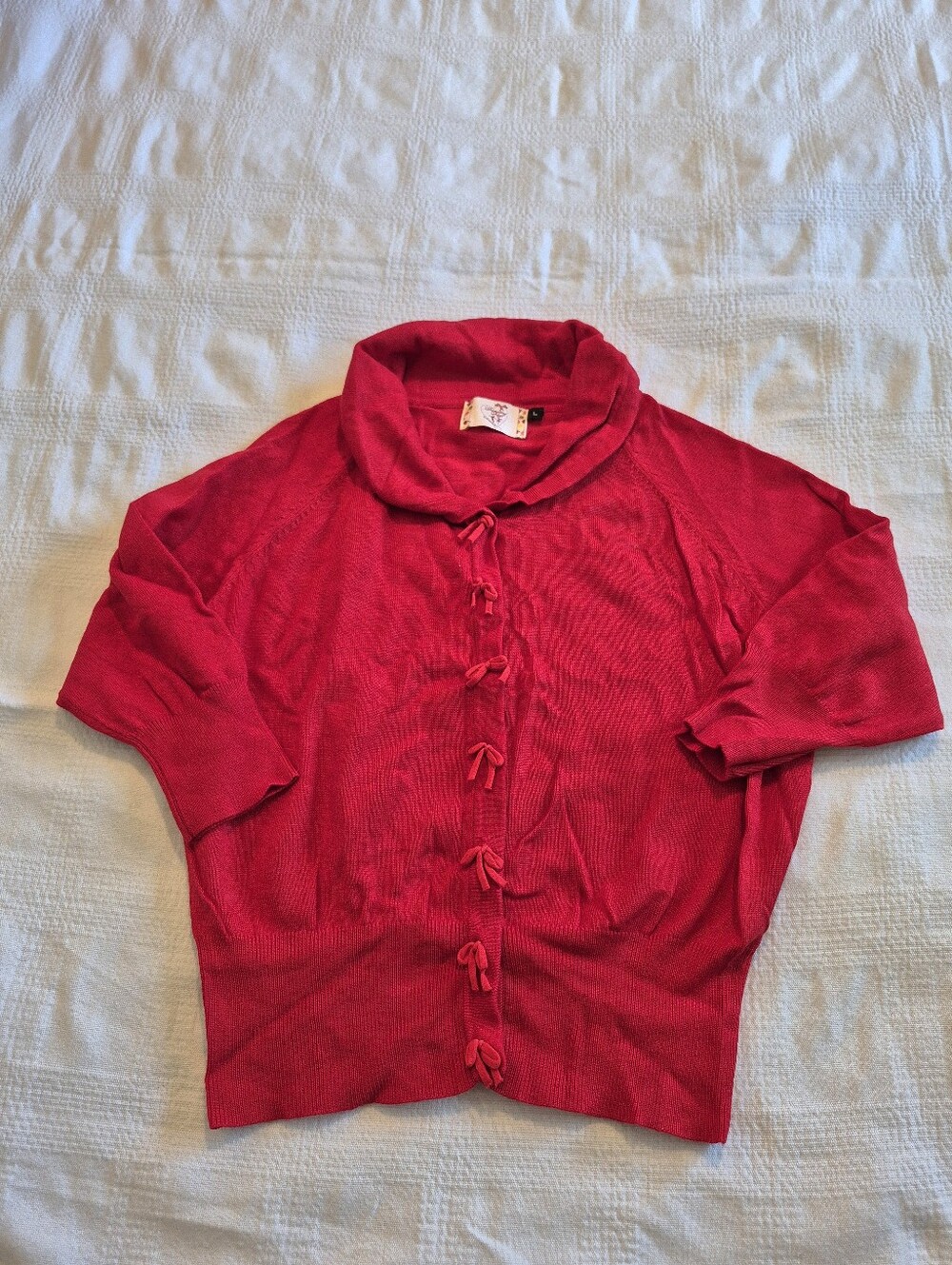 Dancing Days girl large red fine knit 3/4 sleeve sweater snap closure EUC